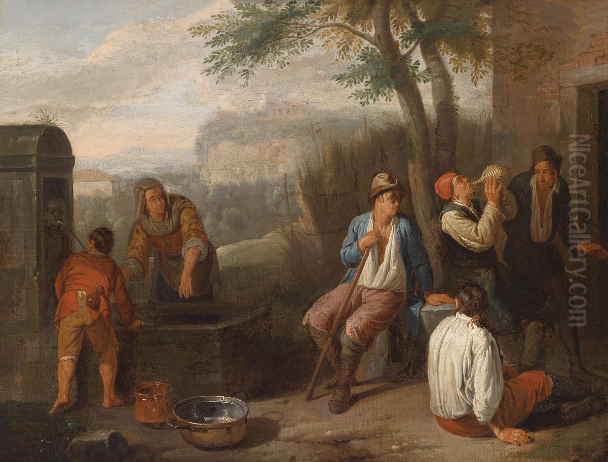 Southern Landscape with a well and drinking Peasants Oil Painting by Norbert van Bloemen