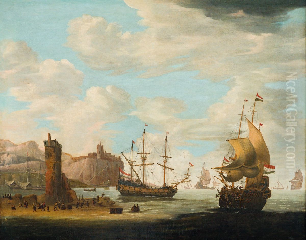 A seascape with Tall ships Oil Painting by Adam Silo