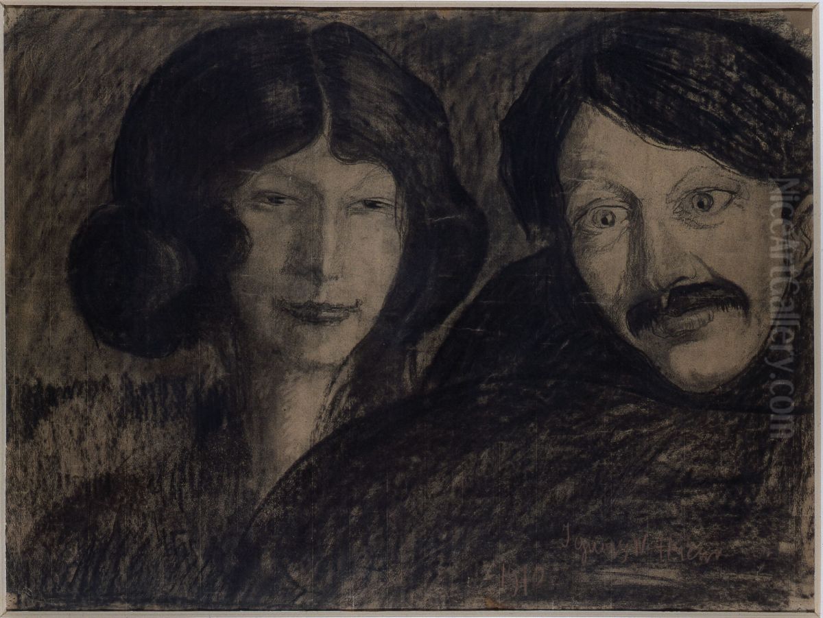 Portrait of Irena Solska with a man Oil Painting by Stanislaw Ignacy Witkiewicz (Witkacy)