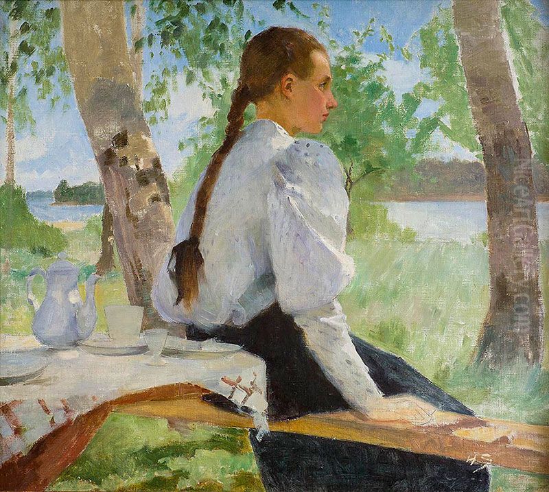 Nuori tytto koivujen alla (Ulkona) Oil Painting by Helene Schjerfbeck
