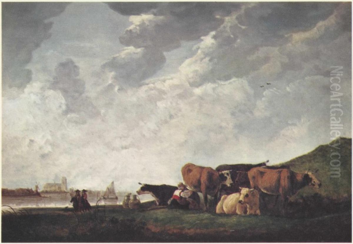 Six cows in a meadow Oil Painting by Aelbert Cuyp