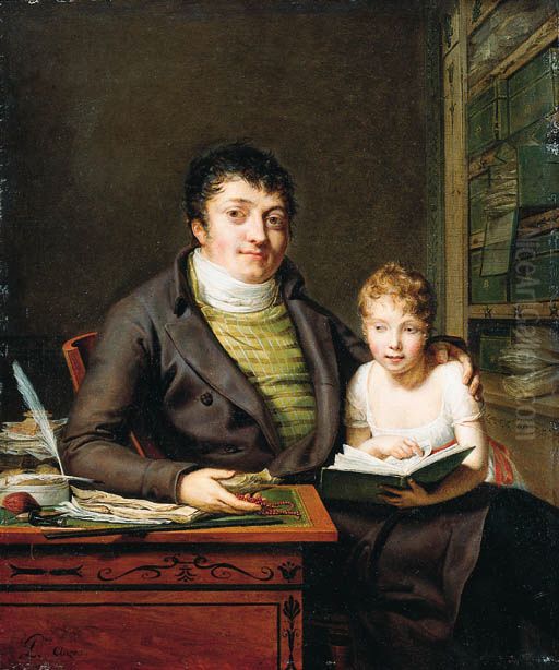 Portrait of a Gentleman and his Daughter reading in an Interior Oil Painting by Pauline Auzou