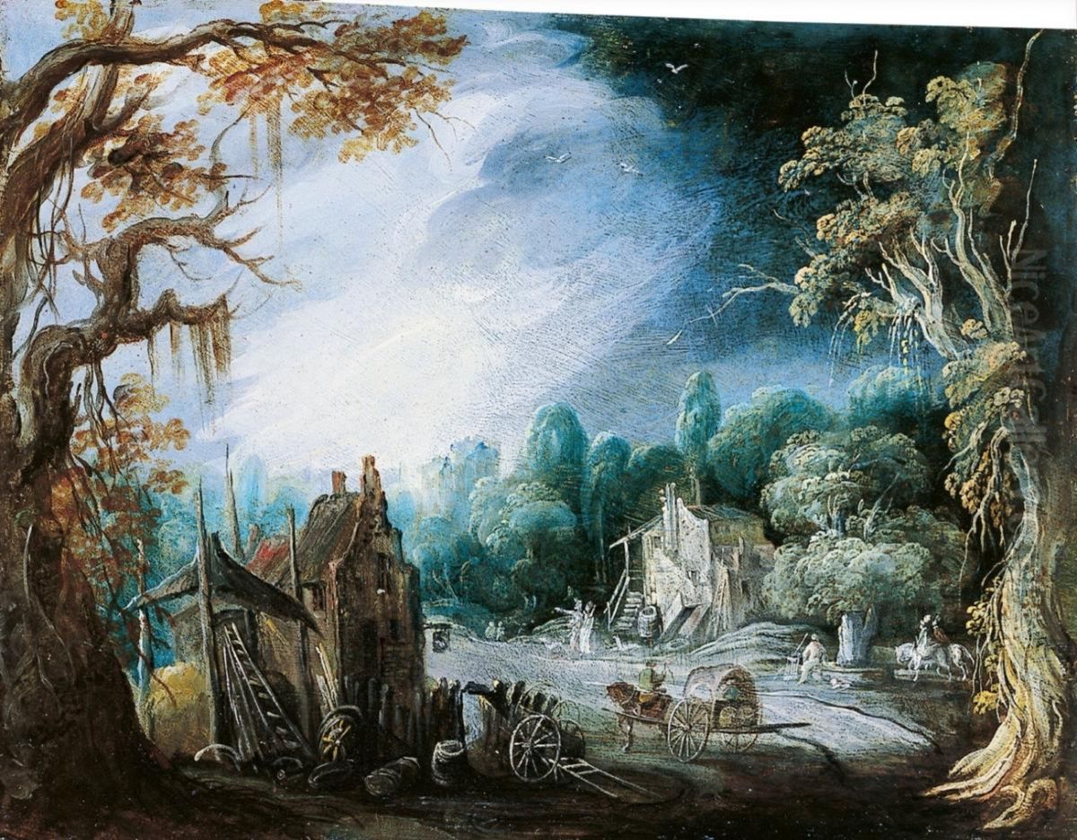 Wooded landscape with architecture and figures Oil Painting by Pieter Stalpaert