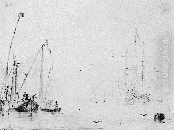 Sailboats and a ship on a calm sea. Oil Painting by Simon De Vlieger