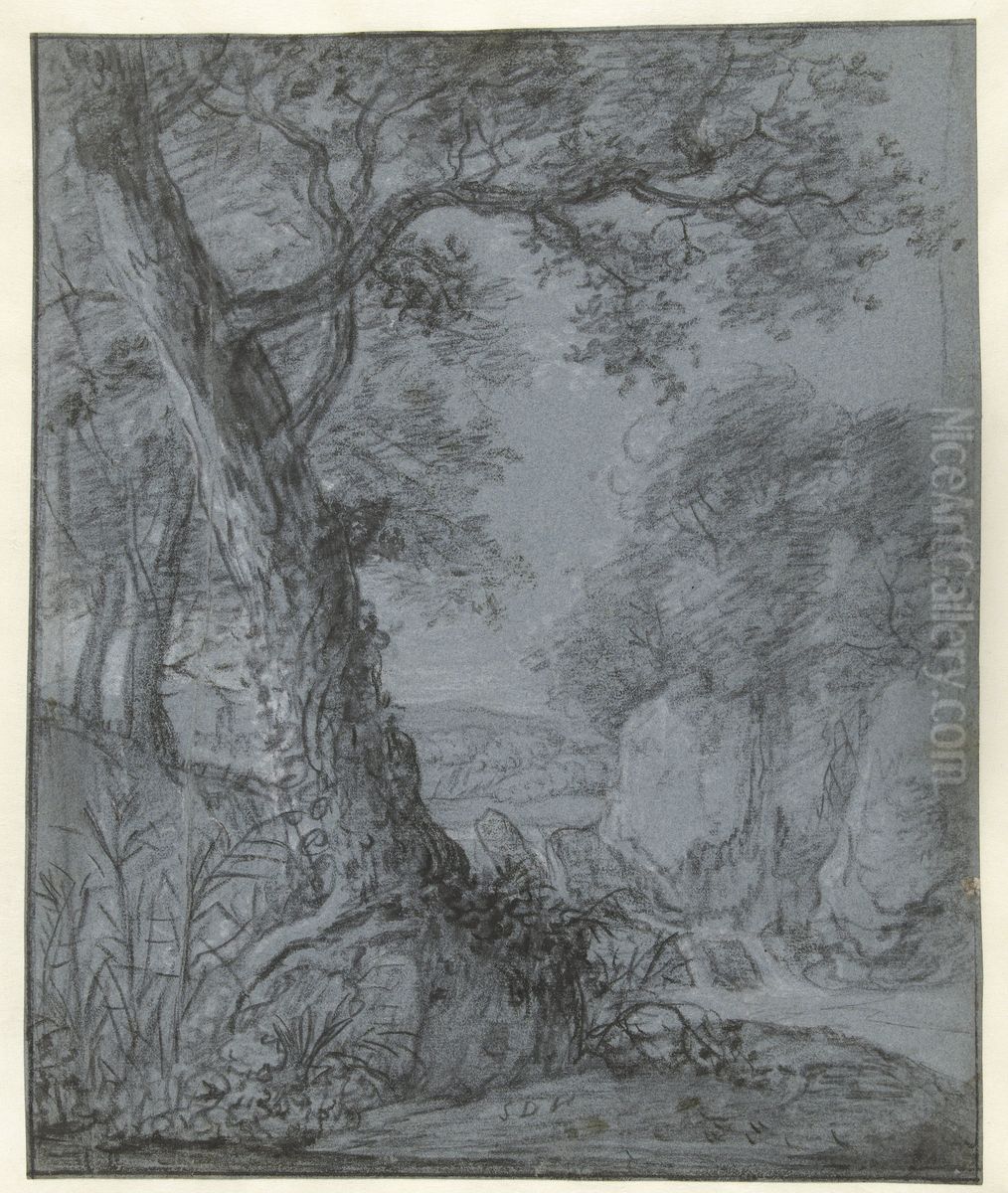 Tree in a hilly landscape with a waterfall and rocks Oil Painting by Simon De Vlieger