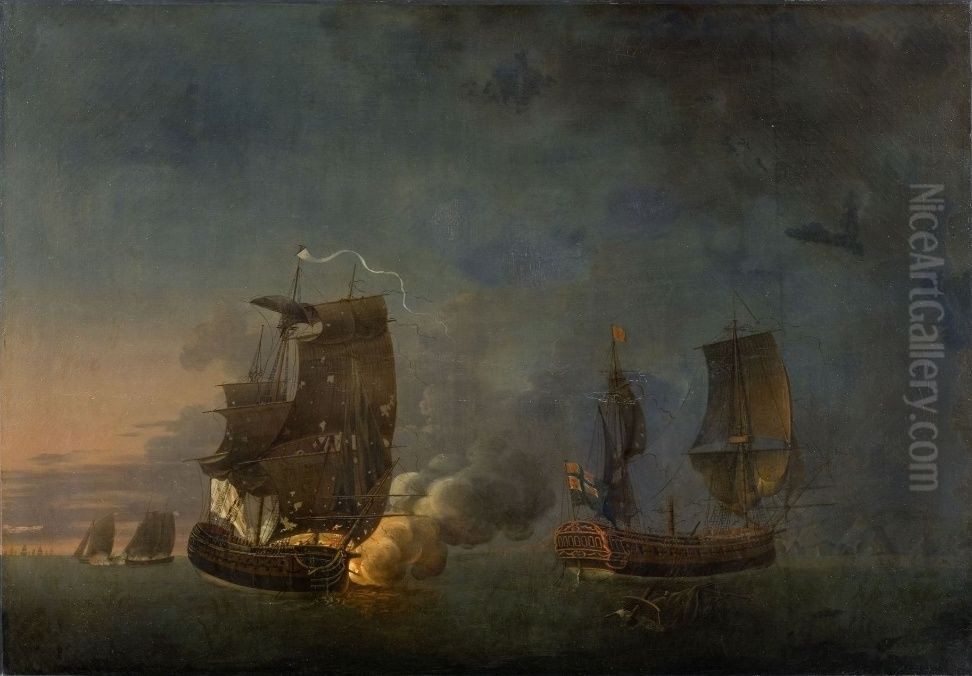 Combat de la Belle-Poule contre l'Arethuse, 17 juin 1778 Oil Painting by Auguste-Louis de Rossel de Cercy