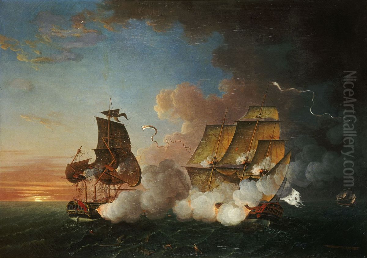 Combat de la Junon contre le Fox, 11 septembre 1778 Oil Painting by Auguste-Louis de Rossel de Cercy