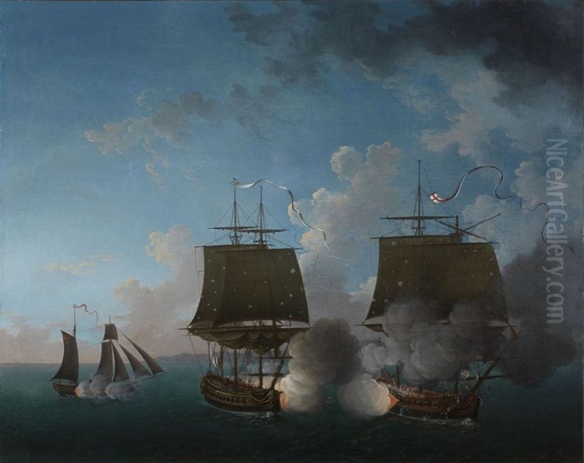 Combat de la Concorde contre la Minerve, 22 aout 1778 Oil Painting by Auguste-Louis de Rossel de Cercy