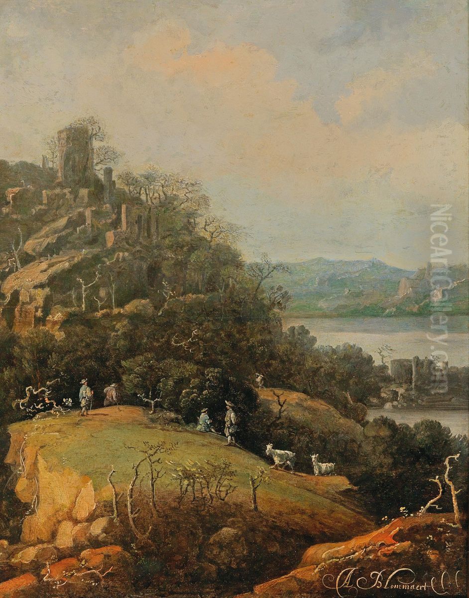 A river landscape with a ruin and figures Oil Painting by Adriaan Bloemaert