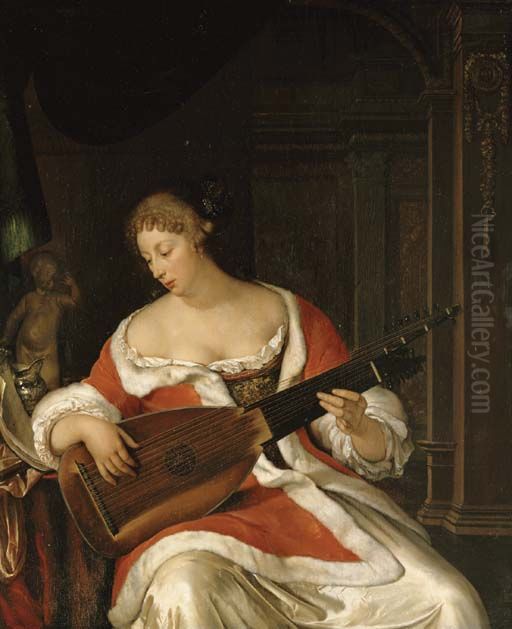 A young woman playing the lute in an interior Oil Painting by Eglon van der Neer