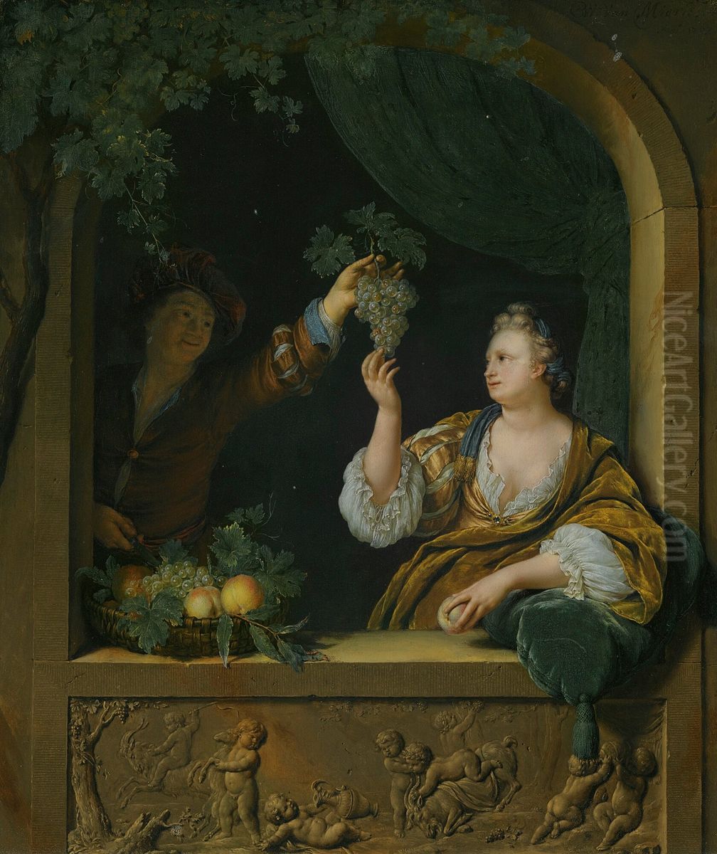 A Gentleman offering a Lady a Bunch of Grapes Oil Painting by Willem Van Mieris Leiden
