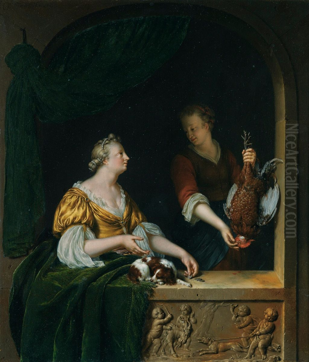 A Poultry Seller Oil Painting by Willem Van Mieris Leiden