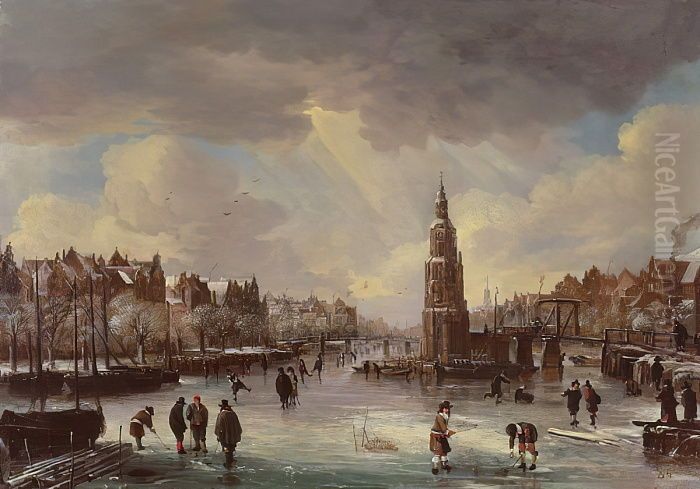Ice Skating near the Montelbaanstoren, Amsterdam Oil Painting by Aert van der Neer