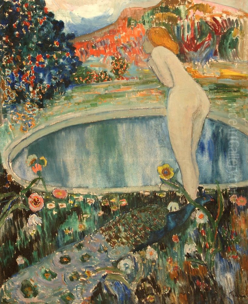 Nude Woman in a Park Oil Painting by Aizik Feder