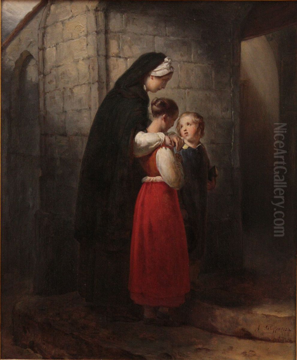 Une mere convalescente allant a l'eglise, appuyee sur ses deux enfants Oil Painting by Ary Scheffer