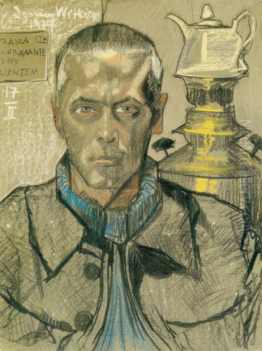 Self-portrait with samovar Oil Painting by Stanislaw Ignacy Witkiewicz (Witkacy)