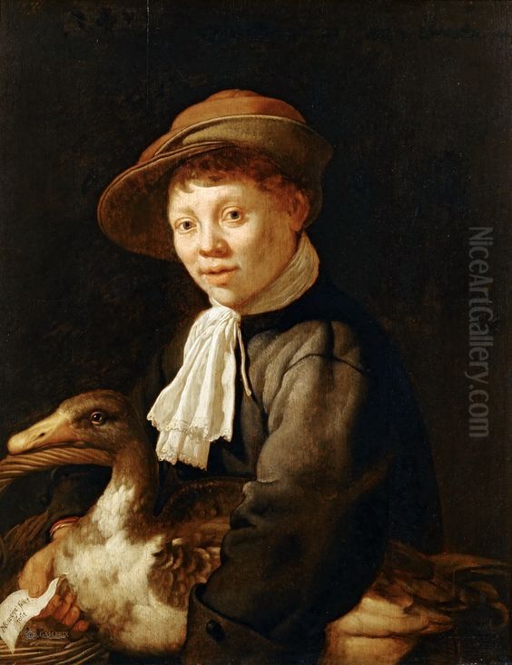 Portrait of a boy with a duck and a basket (myn oye faict tout) Oil Painting by Jacob Gerritsz. Cuyp