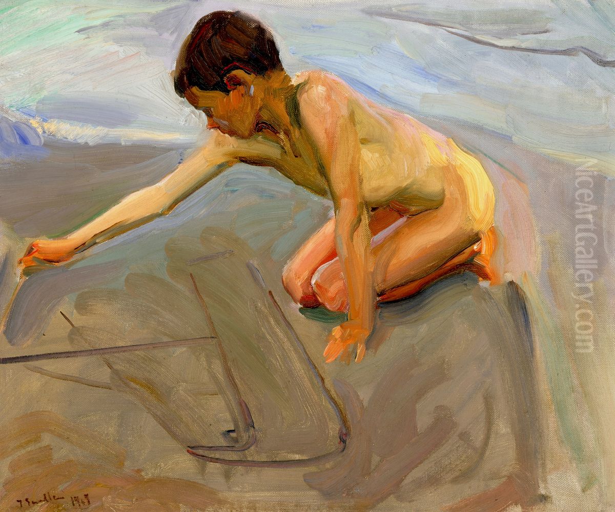 Drawing in the Sand Oil Painting by Joaquin Sorolla