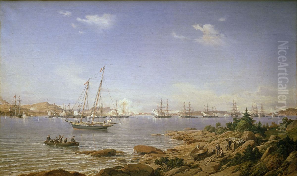 Escadre franco-anglaise devant Bomarsund, 1854 Oil Painting by Antoine Leon Morel-Fatio