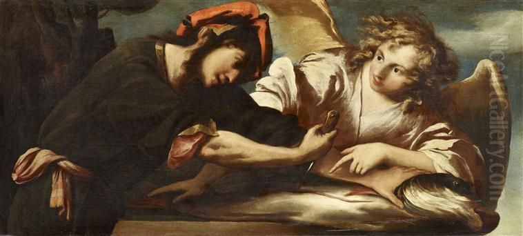 Tobias taking the heart and liver of the fish Oil Painting by Pietro della Vecchia
