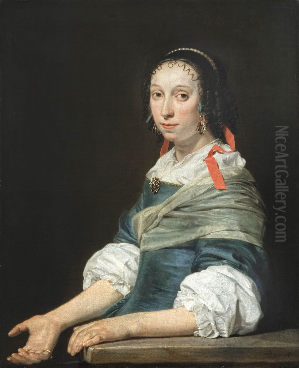 Portrait of a lady with a red ribbon in her hair Oil Painting by Jan De Bray