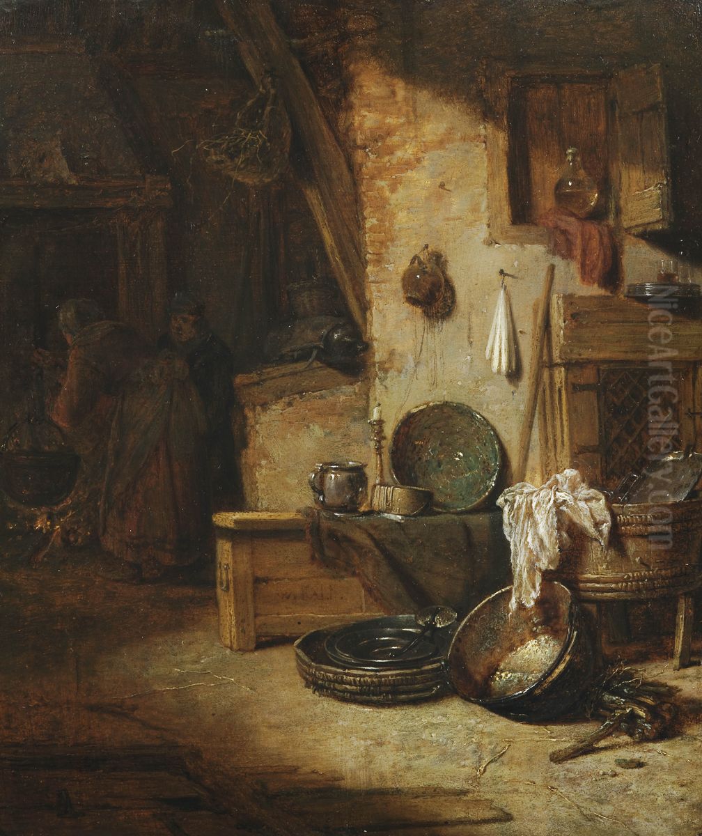 Kitchen interior with peasant couple Oil Painting by Willem Kalf
