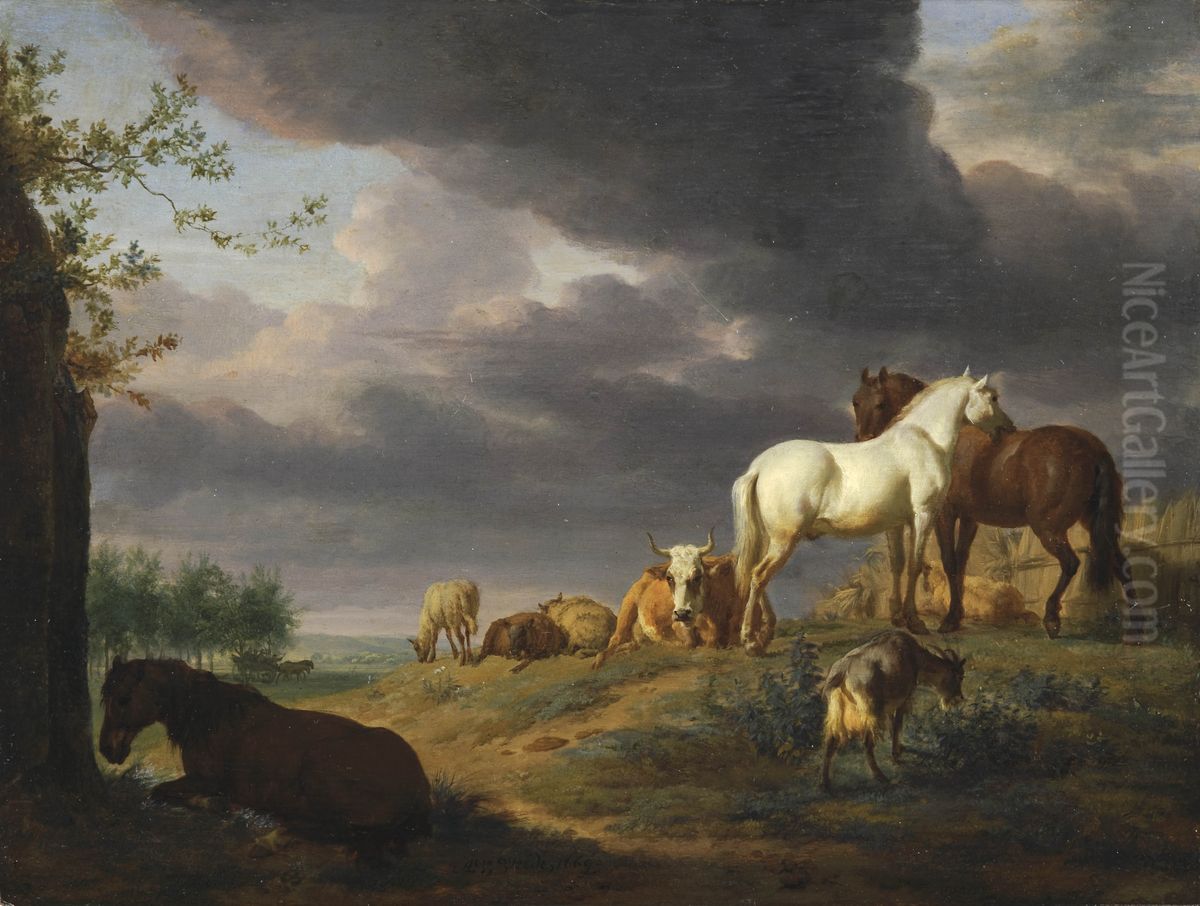 Landschap met paarden en ander vee Oil Painting by Adriaen Van De Velde