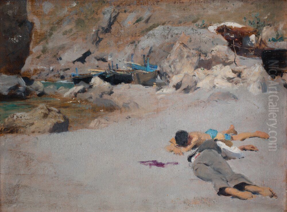 Two Boys on a Beach with Boats Oil Painting by John Singer Sargent