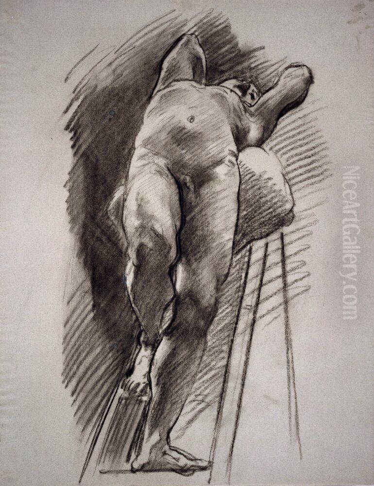 Male Nude Leaning Back on a Ladder Oil Painting by John Singer Sargent