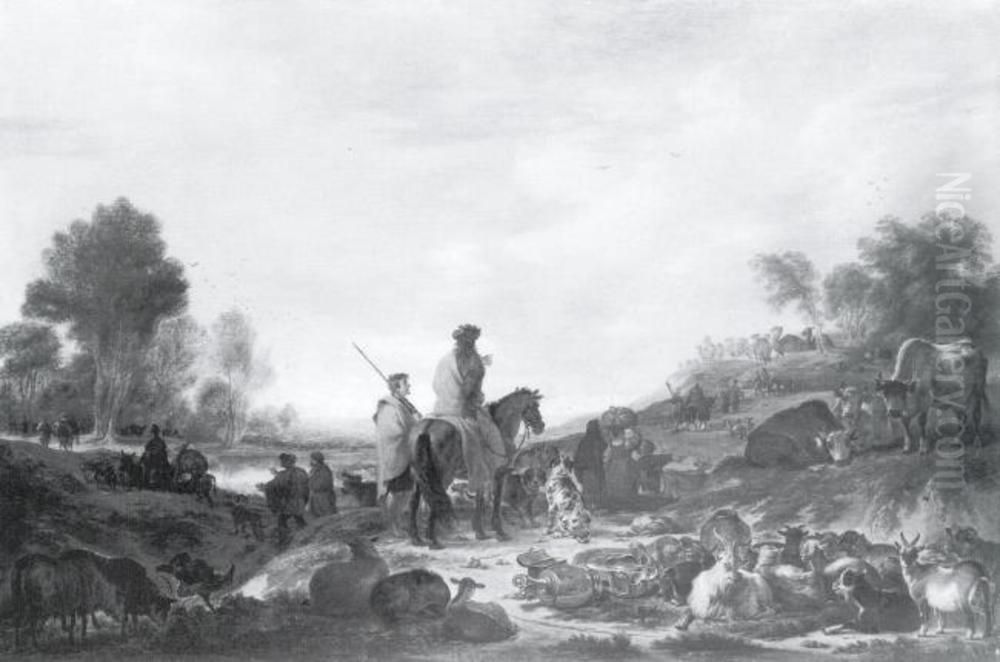 Landscape with Figures, Cattle and Household Utensils Oil Painting by Cornelis Saftleven