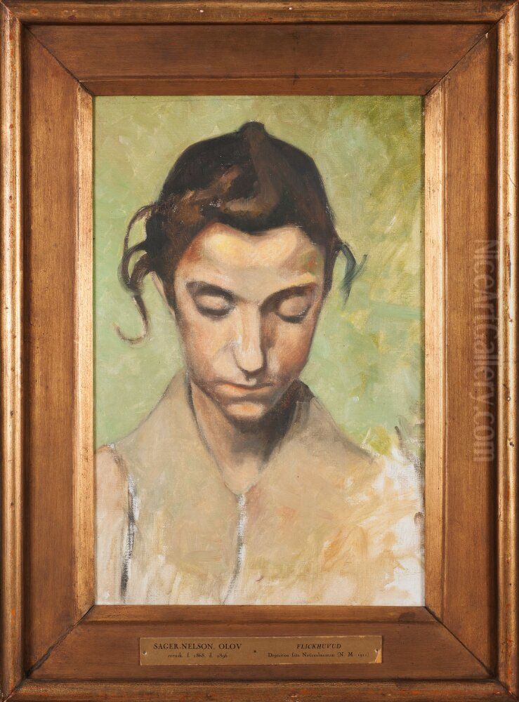 A Girl's Head I Oil Painting by Olof Sager-Nelson