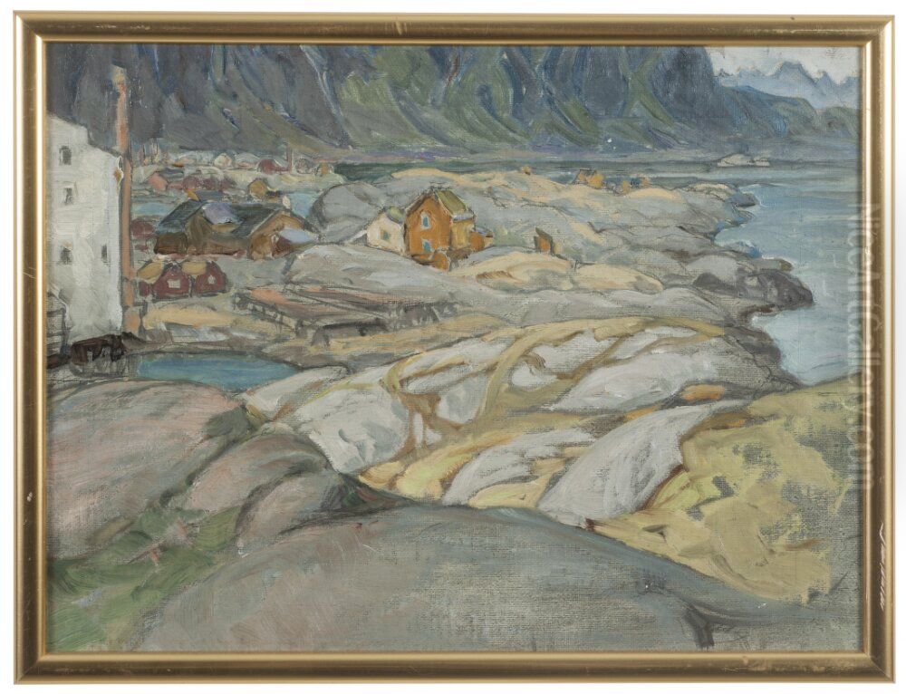 The Village at the Foot of the Mountain. Study from Lofoten Oil Painting by Anna Katarina Boberg