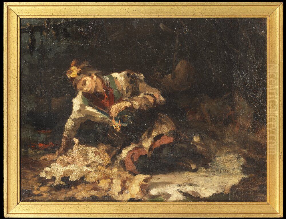 Samisk kvinna med sitt barn Oil Painting by Anna Nordlander