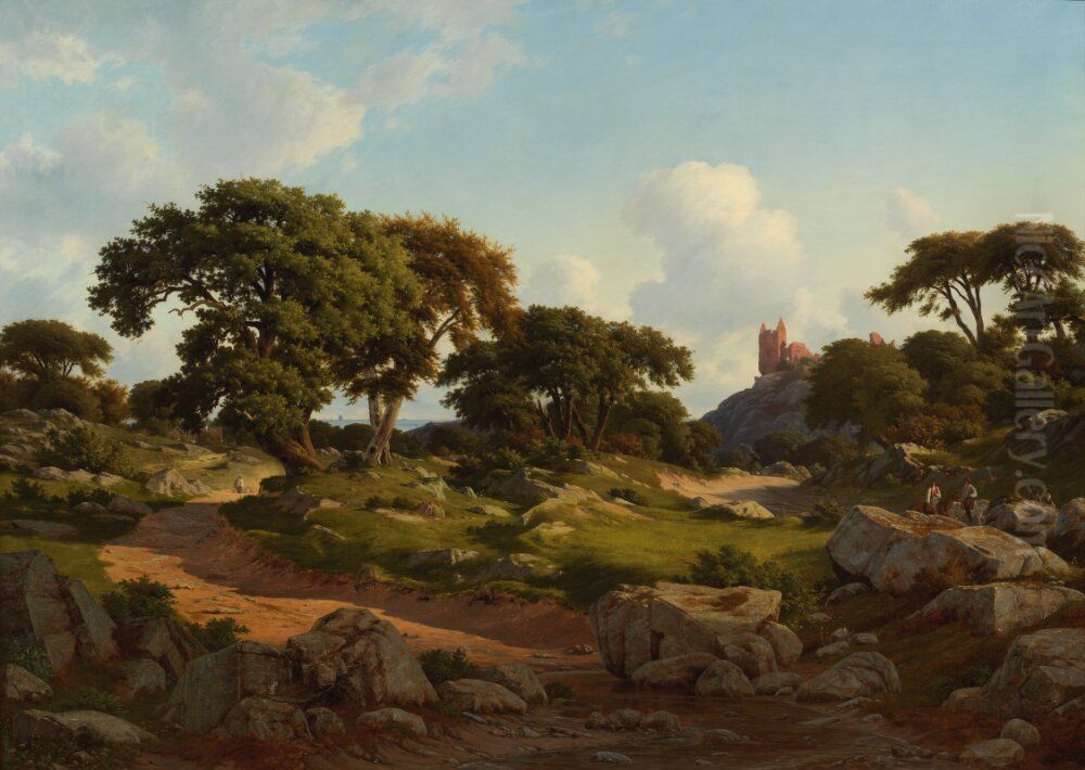 Landskap med borgruin, motiv fran Bornholm med Hammershus Oil Painting by Georg Emil Libert