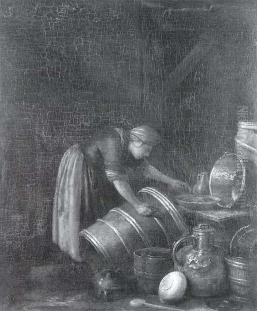 Kvinna som skurar kokskarl Oil Painting by Herman Saftleven