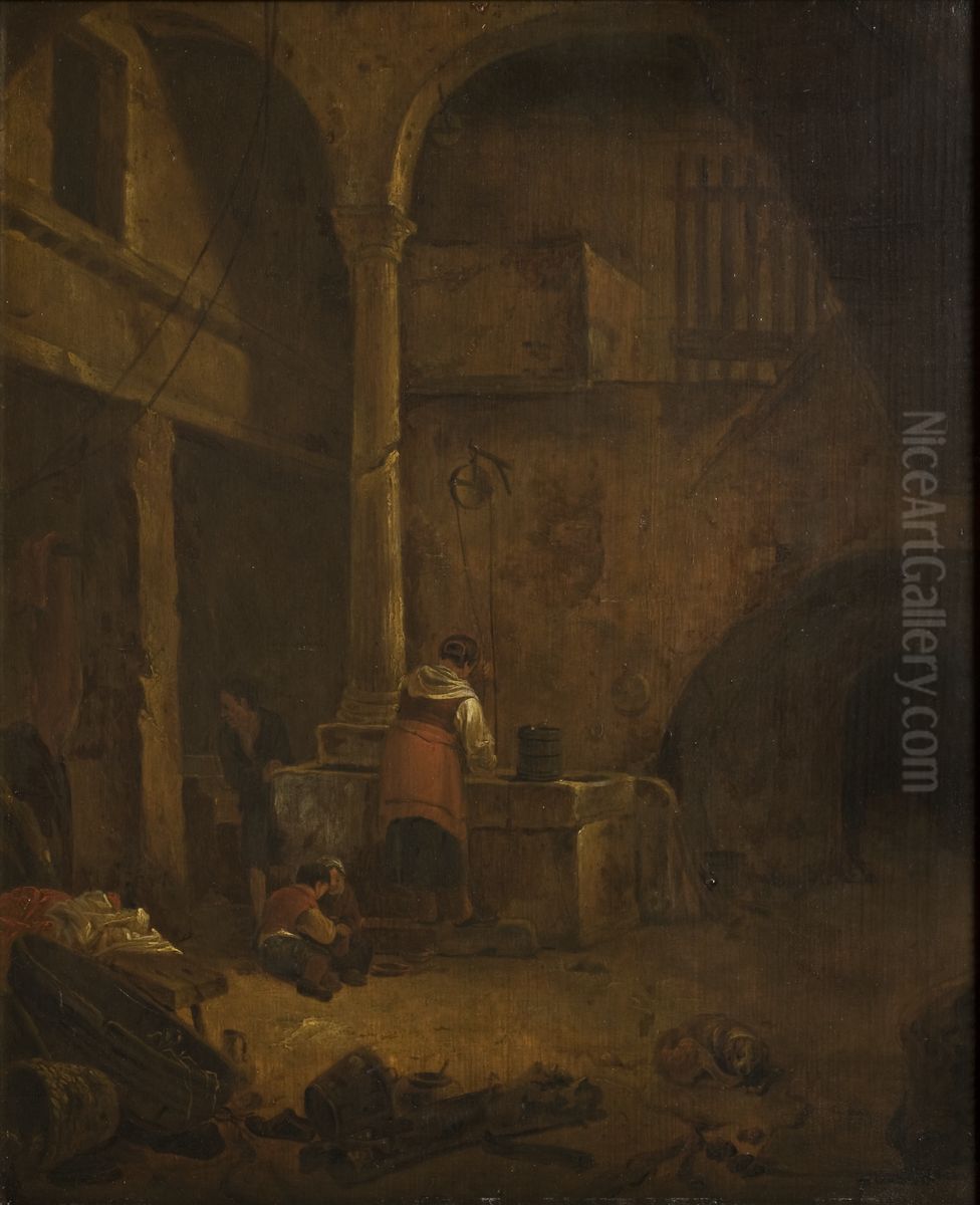 Woman at a Well in an Italian Farmhouse Oil Painting by Thomas Wijck