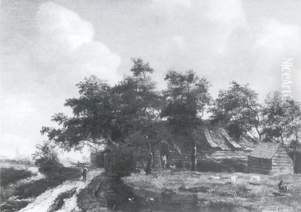 Wooded Landscape with Farmhouses Oil Painting by Meindert Hobbema