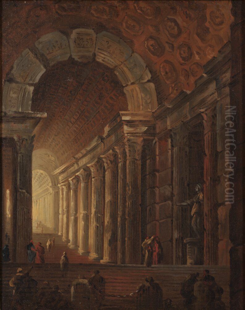 A Vaulted Staircase. Architectural Piece Oil Painting by Johan Gottlob Brusell