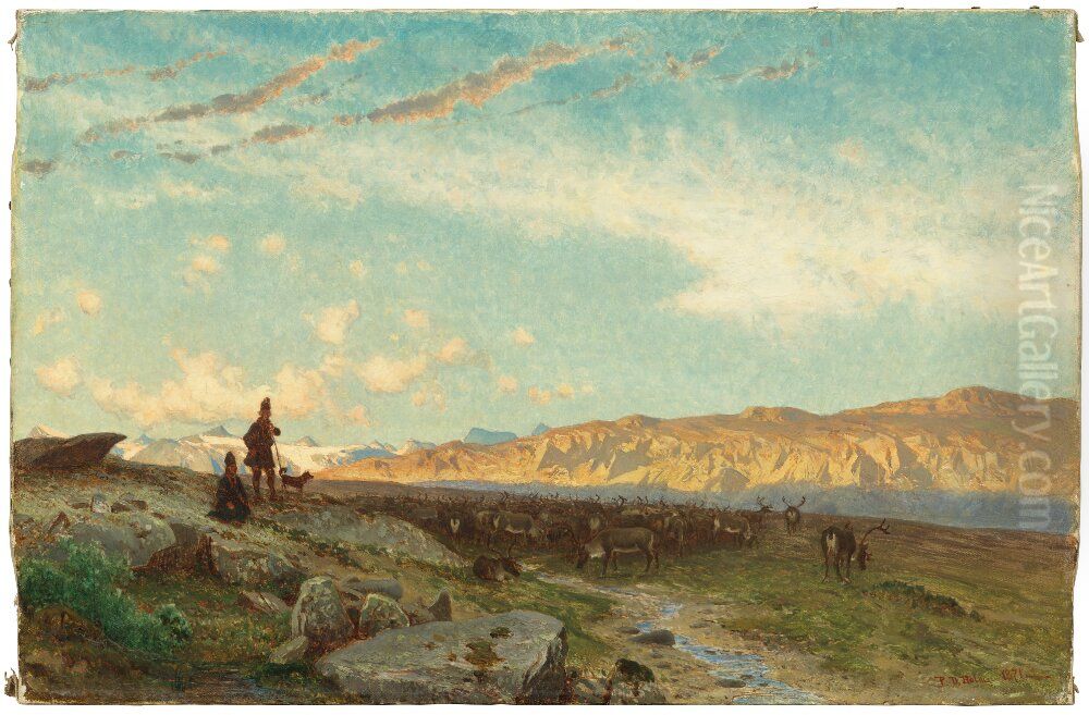 Laponian Landscape with Reindeer and Sami Oil Painting by Per Daniel Holm