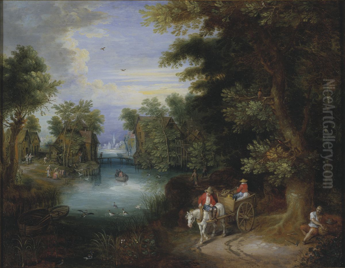River Landscape with Peasants Oil Painting by Adriaen Van Stalbemt