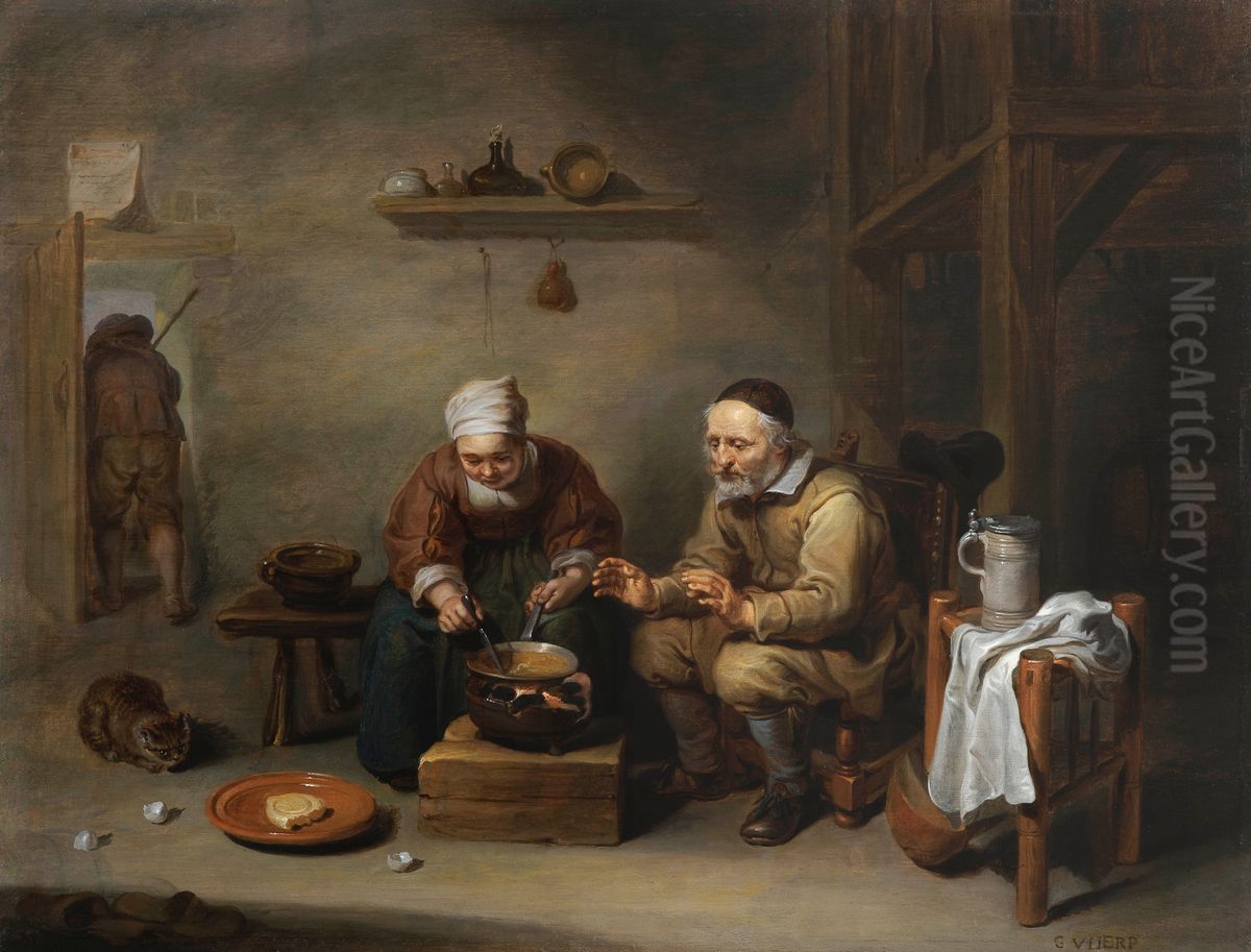Old couple in a rustic interior Oil Painting by Willem van, the Elder Herp