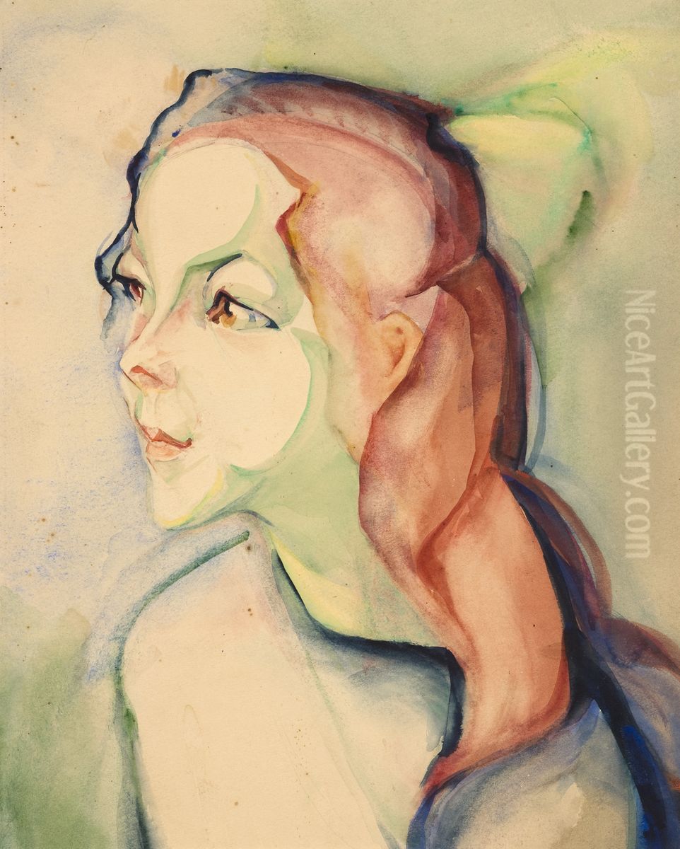 Meisje met lang rood haar en groene strik Oil Painting by Alida Jantina Pott