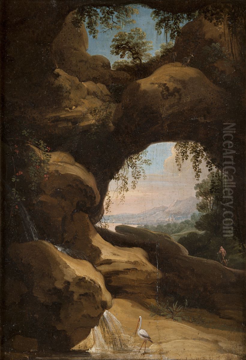Italienskt landskap med utsikt genom grottoppning Oil Painting by Jan Asselijn