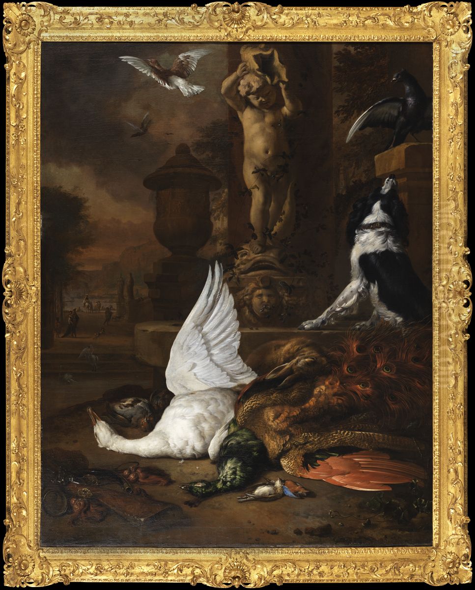 Stilleben med dod svan, en pafagel och en hund vid en tradgardsfontan Oil Painting by Jan Weenix