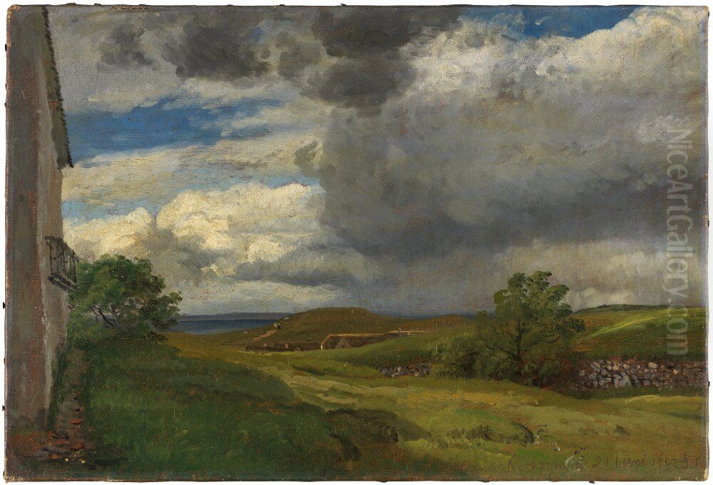 Landscape from Helgenaes with rain clouds Oil Painting by Janus Andreas Bartholin La Cour
