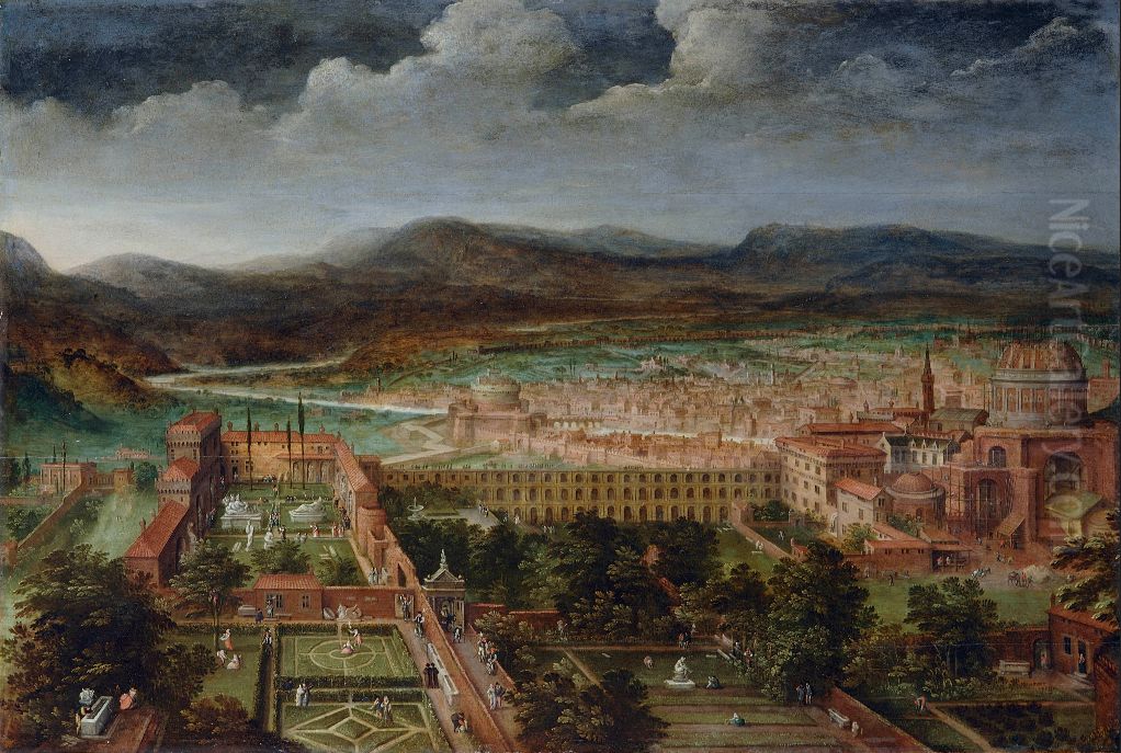 View of the Vatican gardens and St Peter's basilica Oil Painting by Hendrick van Cleve III