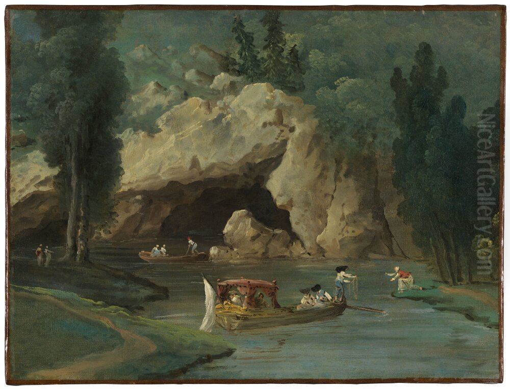 Boats in Front of the Grotto in the Park at Mereville Oil Painting by Hubert Robert