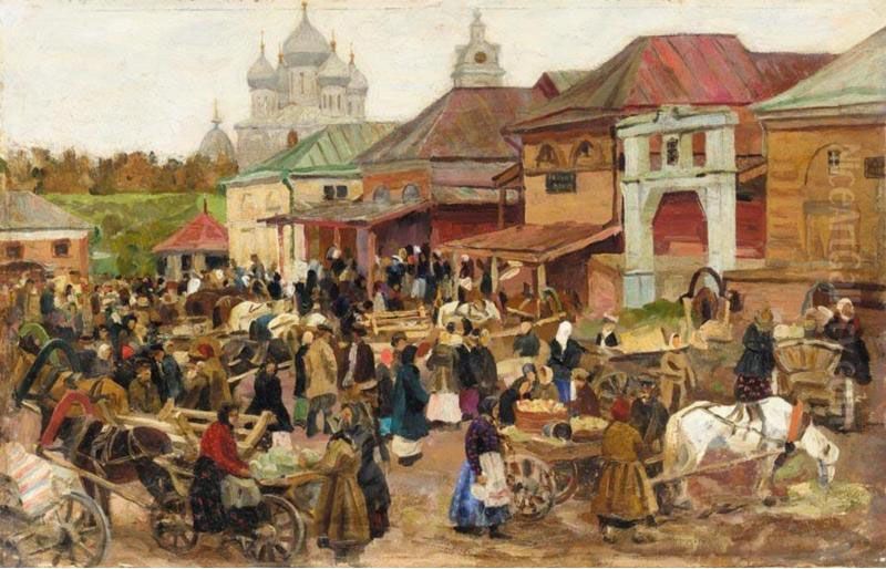 Market In A Provincial Town Oil Painting by Vyacheslav Pavlovich Bychkov