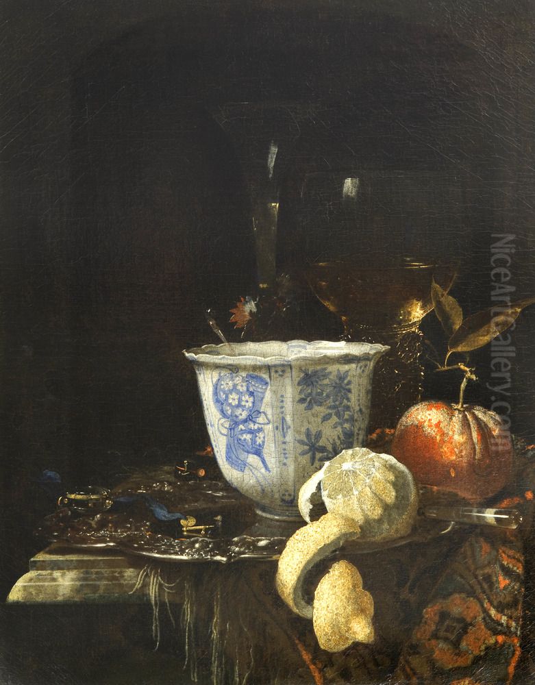 Still life with porcelain bowl, glasses and fruit Oil Painting by Willem Kalf