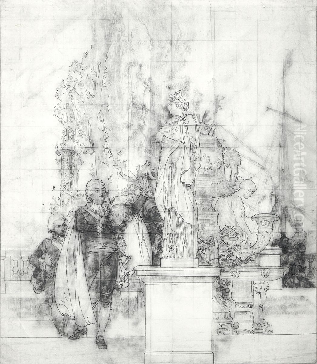 Cartoon for the Lower Hall of the NM. Patron of the Fine Arts and Founder of the Museum King Gustav III of Sweden Recieving Antique Pieces of Art Oil Painting by Carl Larsson